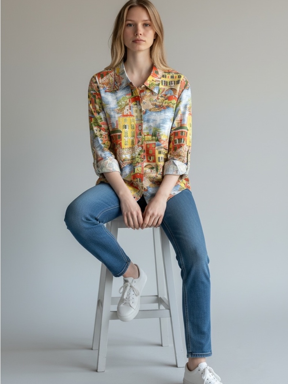 Scenic Village Print Button-Down Shirt - Multi-Color Holiday Travel